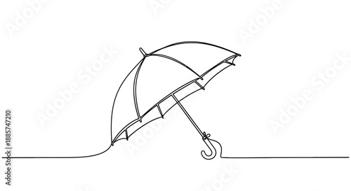 Minimalist hand drawn sketch of an open umbrella tilted to the side on a simple white background with a single line horizon