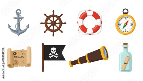Vibrant Pirate and Nautical Adventure Icons Set Anchor Wheel Lifebuoy Compass Map Flag Telescope Bottle.