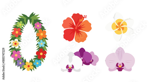 Vibrant tropical flower collection colorful lei red hibiscus white plumeria and purple orchids in a flat vector illustration.