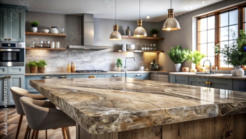 A finely detailed kitchen island with a striking marbled countertop and comfortable seating area beneath pendant lighting, bathed in natural light from a large window
