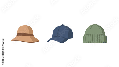 Collection of diverse hats a beige sun hat a blue baseball cap and a green knitted beanie.