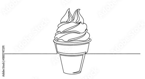 Minimalist single line drawing of a delicious soft serve ice cream cone with swirls on a white background