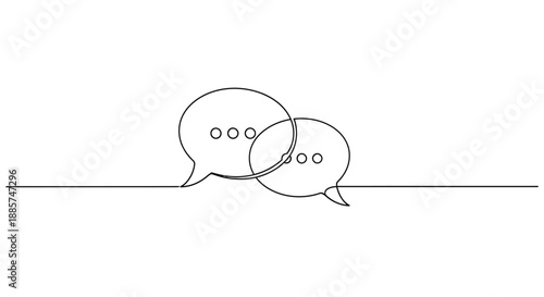 Minimalist continuous line drawing of two overlapping speech bubbles with dots inside representing conversation and communication on a white background