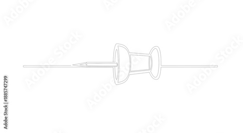 Detailed outline drawing of a vintage tattoo machine with needle and ink tube on a white background