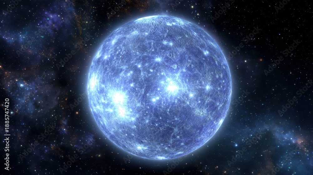 Fototapeta premium Glowing mercury planet symbol floating in a cosmic space, surrounded by shimmering stars and vibrant nebulae, representing the concept of retrograde Mercury in a celestial atmosphere