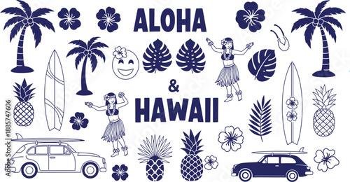 Vintage hawaiian aloha graphic with tropical elements and cars