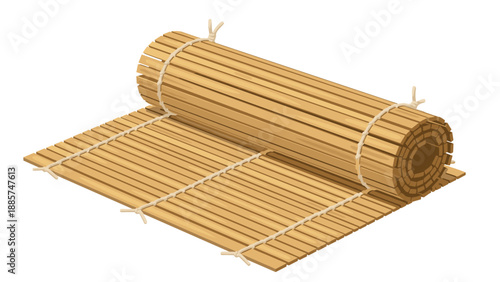A traditional Japanese bamboo rolling mat, partially unrolled and tied with string, ready for sushi preparation on a white background.