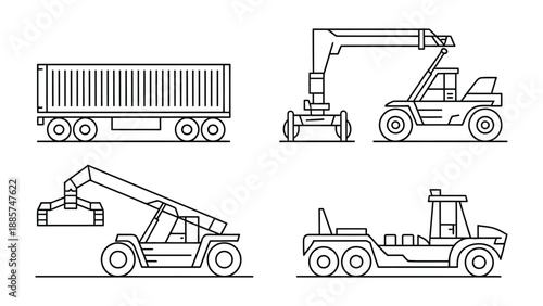 Shipping Logistics Line Art: The image is an intricate illustration of essential freight transportation. Showing the containers and transport vehicles in action.