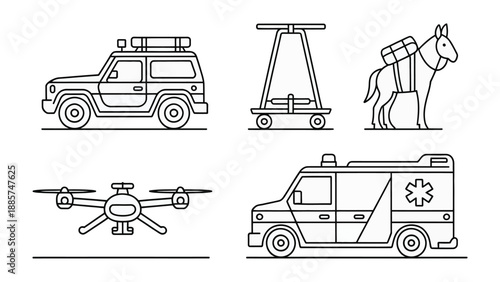 Transport and Rescue Icons: A collection of various transport and rescue-related illustrations, featuring diverse modes and means of aid.