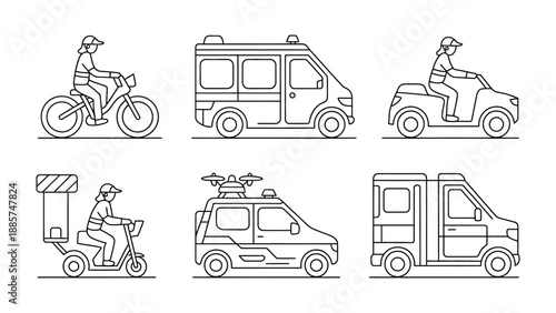 Transportation Vehicles Set: A collection of various transportation vehicles are presented in a clean and modern style, perfect for representing modern mobility and delivery services.