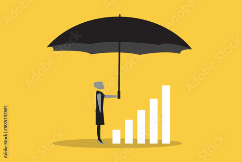 Business Protection and Risk Management Business Woman Shielding graphs with an Umbrella