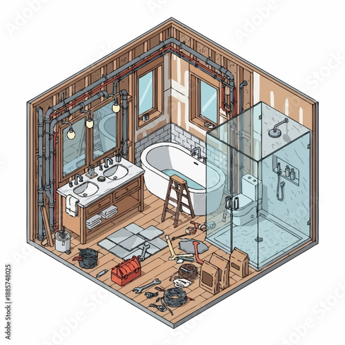 Bathroom Renovation Scene with Tools and Fixtures.