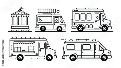 Food Truck Fleet: A collection of various food trucks and a carousel, showcasing a diverse set of vehicles ready to serve delicious offerings.