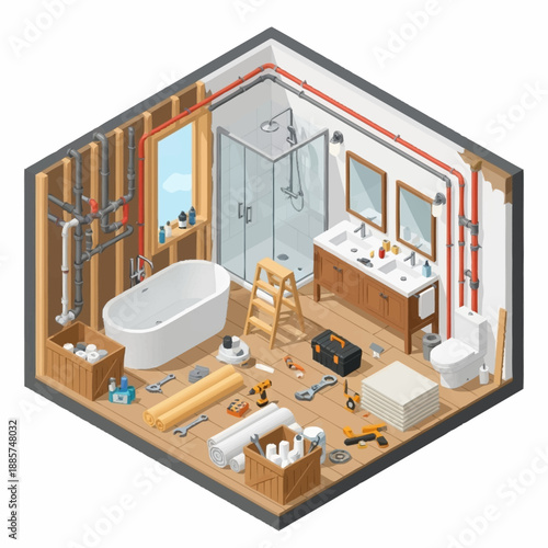 Bathroom Renovation Scene with Tools and Fixtures.