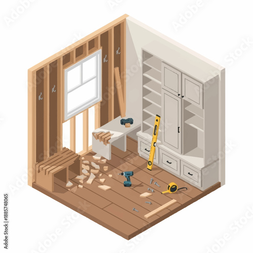 Bathroom Renovation with Tools and Cabinet.