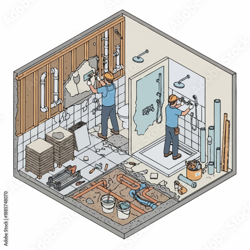 Bathroom Renovation Workers Installing Tiles and Fixtures.