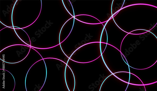 Background of glowing intersecting neon circles. 3D vector illustration on a black background.