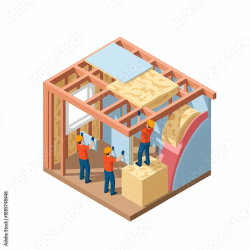 Construction Workers Building House Frame Structure.
