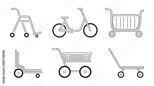 Vehicles on Wheels: A collection of various vehicles on wheels, drawn in a minimalist style, ideal for illustrating mobility and design.