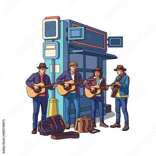 Vector Illustration of Street Musicians Busking with Guitars