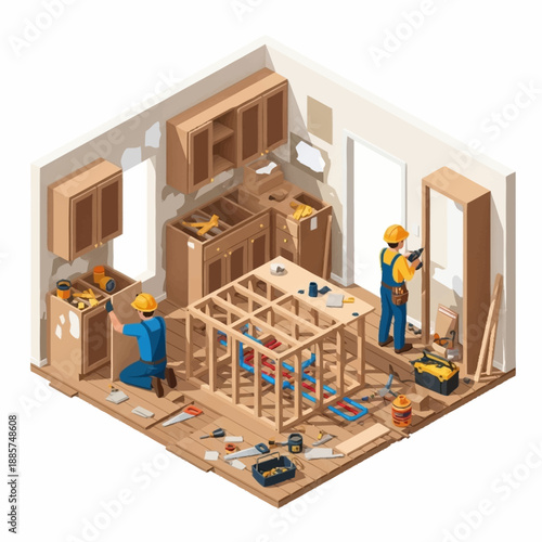 Construction Workers Building Interior Room Frame.