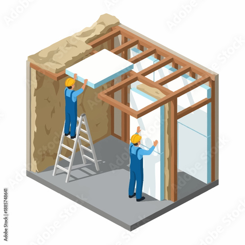 Construction Workers Building Room Frame Structure.