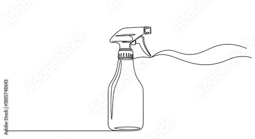 Minimalist continuous line drawing of a spray bottle with a stream of liquid flowing out and waving elegantly