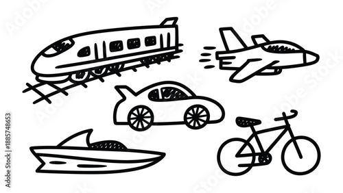 Transport Doodle: A charming collection of hand-drawn vehicles, capturing the essence of diverse transport modes and the freedom of travel.
