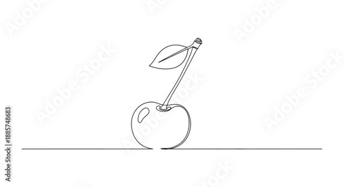 Minimalist single line drawing of a fresh cherry with a stem and leaf on a white background