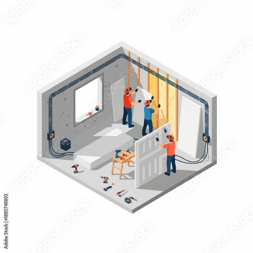 Construction Workers Installing Drywall in Room.