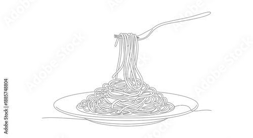 Hand drawn line art illustration of a fork lifting a generous portion of spaghetti from a plate of pasta