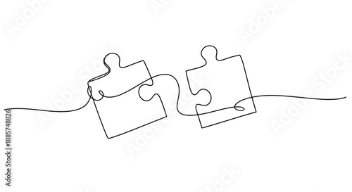 Minimalist single line drawing of two puzzle pieces connecting together symbolizing unity teamwork and problem solving solution