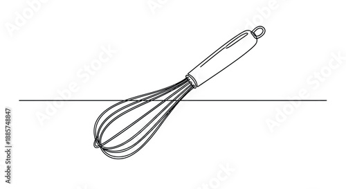 Simple hand drawn sketch of a kitchen whisk with a thick handle and wire loops on a white background