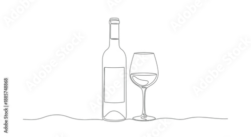 Elegant minimalist continuous line drawing of a wine bottle and a full glass of white wine on a simple wavy line background