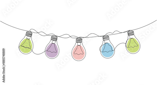 Whimsical hand drawn string lights with colorful translucent bulbs in pastel shades on a white background