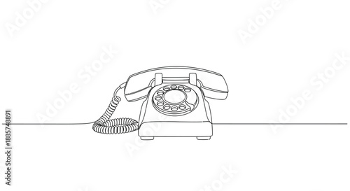 Retro rotary dial telephone illustration on a white background with a clean line art style and minimalist aesthetic