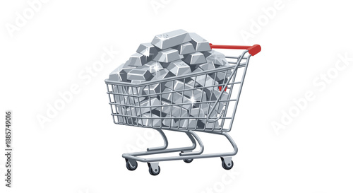 Overflowing shopping cart filled to the brim with gleaming silver bars, metaphorically representing significant investment, wealth accumulation, and the concept of buying assets.