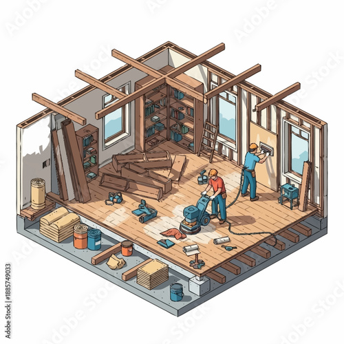 Construction Workers Renovation Project Inside Building.