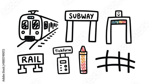 Urban Transit Doodle: An illustrated collection of urban transportation elements, showcasing the simplicity and charm of hand-drawn transit-related symbols.