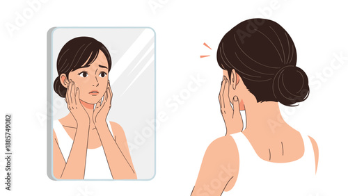 A woman anxiously examining her reflection in a mirror, distressed by concerns about her skin's appearance against a white background.