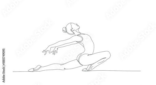 Dynamic line art sketch of a dancer in a low squatting pose with arms extended forward in a graceful movement