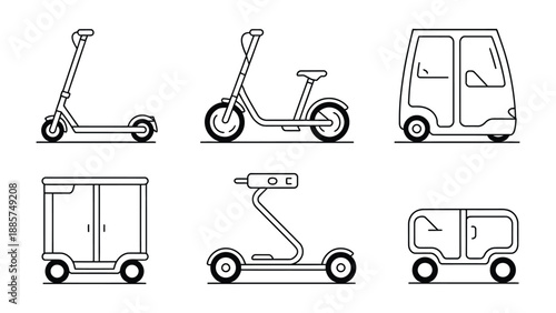 Electric Vehicle Assortment: A clean, minimalist illustration showcases a diverse collection of electric vehicles, including scooters and innovative cargo transport designs.