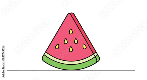 A vibrant stylized illustration of a single juicy watermelon slice with green rind and yellow seeds on a white background