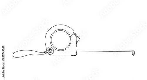 Vintage measuring tape with a retractable metal ribbon and a wooden handle isolated on a white background hand drawn sketch style