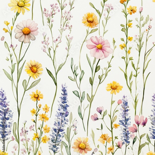 Watercolor wildflowers seamless pattern, meadow, background, textile design