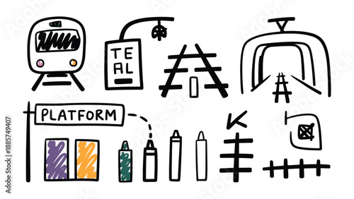 Train Route Element Illustration: Conceptual illustration featuring a train and various elements associated with train route.