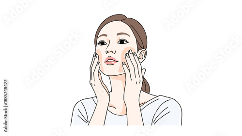 A young woman gently touching her smooth face with satisfaction, showcasing healthy skin and a serene expression on a white background.