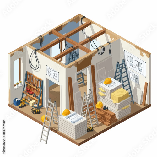 House Under Construction with Building Materials.