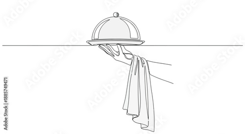 Elegant hand drawn sketch of a cloche covered dish presented on a table with a drape of fabric flowing downward
