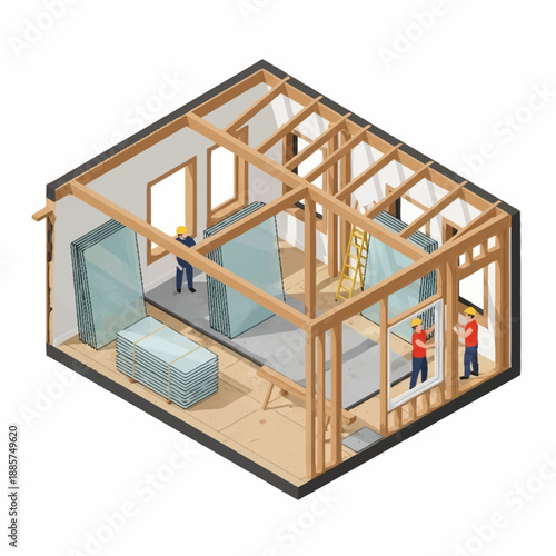 House Under Construction with Workers Inside.